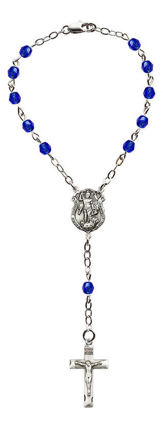 Silver Plated 6mm Sapphire Fire Polished Beads Saint Michael Auto Rosary