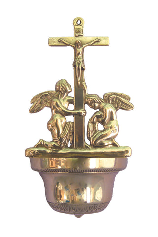 Crucifixion Font with Angels in Shiny Brass 12.25"