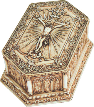Crucifixion keepsake box in antique finish, 3.25x5.25x2"