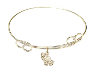 7 1/2 inch Round Double Loop Hamilton Gold Bangle Bracelet with a 14kt Gold Filled Praying Hands charm.