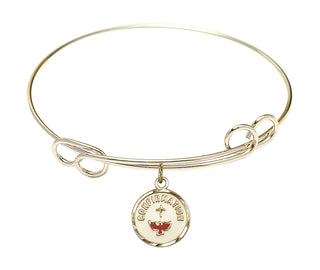 7 1/2 inch Round Double Loop Hamilton Gold Bangle Bracelet with a 14kt Gold Filled Confirmation charm. Engraved Catholic Saint Jewelry