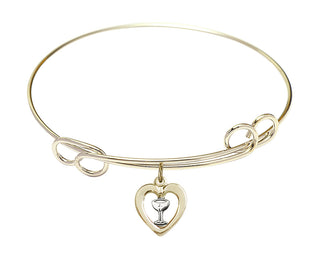 7 1/2 inch Round Double Loop Hamilton Gold Bangle Bracelet with a Two-Tone GF/SS Heart / Chalice charm.