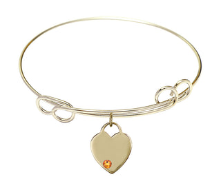 7 1/2 inch Round Double Loop Hamilton Gold Bangle Bracelet with a 14kt Gold Filled Heart charm. Engraved Catholic Saint Jewelry