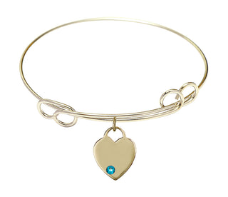 7 1/2 inch Round Double Loop Hamilton Gold Bangle Bracelet with a 14kt Gold Filled Heart charm. Engraved Catholic Saint Jewelry