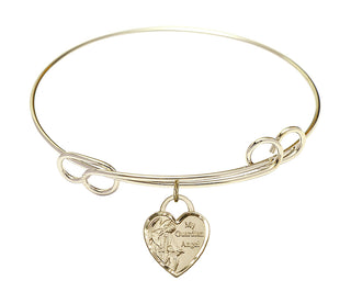 7 1/2 inch Round Double Loop Hamilton Gold Bangle Bracelet with a 14kt Gold Filled Guardian Angel Heart charm. Engraved Catholic Saint Jewelry