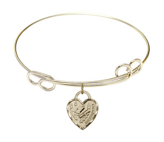 7 1/2 inch Round Double Loop Hamilton Gold Bangle Bracelet with a 14kt Gold Filled Graduation Heart charm. Engraved Catholic Saint Jewelry