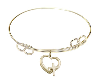 7 1/2 inch Round Double Loop Hamilton Gold Bangle Bracelet with a 14kt Gold Filled Heart / Cross charm.