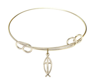 7 1/2 inch Round Double Loop Hamilton Gold Bangle Bracelet with a 14kt Gold Filled Fish / Cross charm.