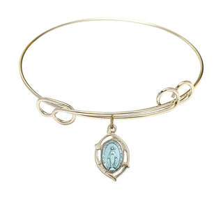 7 1/2 inch Round Double Loop Hamilton Gold Bangle Bracelet with a 14kt Gold Filled Miraculous Leaf charm.