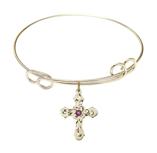 7 1/2 inch Round Double Loop Hamilton Gold Bangle Bracelet with a 14kt Gold Filled Cross charm. Engraved Catholic Saint Jewelry