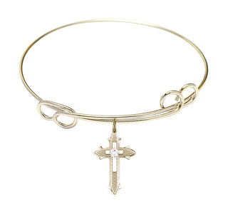 7 1/2 inch Round Double Loop Hamilton Gold Bangle Bracelet with a 14kt Gold Filled Cross on Cross charm. Engraved Catholic Saint Jewelry