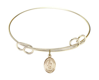 7 1/2 inch Round Double Loop Hamilton Gold Bangle Bracelet with a 14kt Gold Filled Saint Barbara charm. Engraved Catholic Saint Jewelry