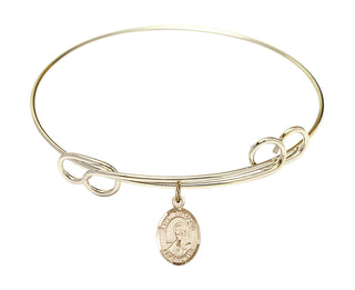 7 1/2 inch Round Double Loop Hamilton Gold Bangle Bracelet with a 14kt Gold Filled Saint Benjamin charm. Engraved Catholic Saint Jewelry