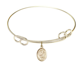 7 1/2 inch Round Double Loop Hamilton Gold Bangle Bracelet with a 14kt Gold Filled Saint Scholastica charm. Engraved Catholic Saint Jewelry