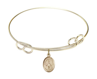 7 1/2 inch Round Double Loop Hamilton Gold Bangle Bracelet with a 14kt Gold Filled Saint Nino de Atocha charm. Engraved Catholic Saint Jewelry