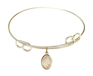 7 1/2 inch Round Double Loop Hamilton Gold Bangle Bracelet with a 14kt Gold Filled Saint Hildegard von Bingen charm. Engraved Catholic Saint Jewelry