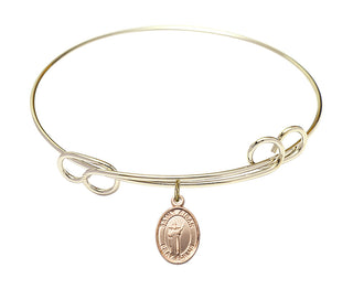 7 1/2 inch Round Double Loop Hamilton Gold Bangle Bracelet with a 14kt Gold Filled Saint Aidan of Lindesfarne charm. Engraved Catholic Saint Jewelry