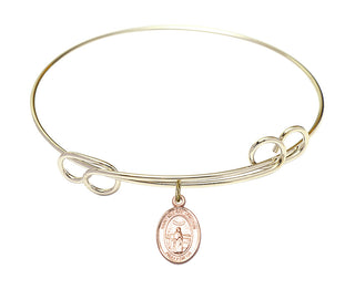7 1/2 inch Round Double Loop Hamilton Gold Bangle Bracelet with a 14kt Gold Filled Saint Medard of Noyon charm. Engraved Catholic Saint Jewelry