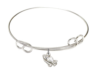7 1/2 inch Round Double Loop Rhodium Bangle Bracelet with a Sterling Silver Praying Hands charm.