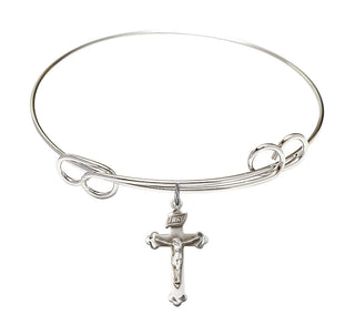 7 1/2 inch Round Double Loop Rhodium Bangle Bracelet with a Sterling Silver Crucifix charm.