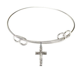 7 1/2 inch Round Double Loop Rhodium Bangle Bracelet with a Sterling Silver Crucifix charm.