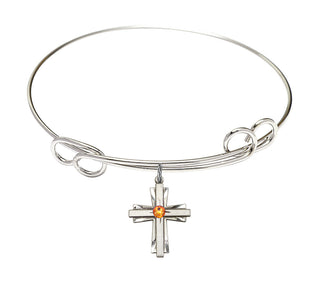 7 1/2 inch Round Double Loop Rhodium Bangle Bracelet with a Sterling Silver Cross charm.