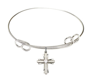 7 1/2 inch Round Double Loop Rhodium Bangle Bracelet with a Sterling Silver Cross charm.