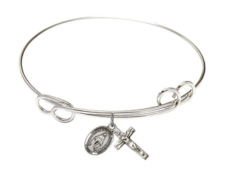 7 1/2 inch Round Double Loop Rhodium Bangle Bracelet with a Sterling Silver Crucifix charm.