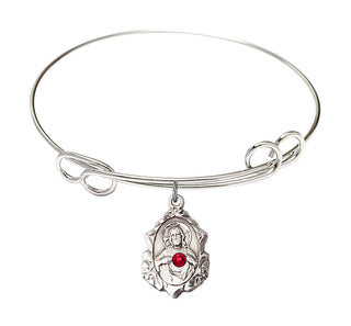 7 1/2 inch Round Double Loop Rhodium Bangle Bracelet with a Sterling Silver Scapular charm.