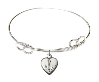 7 1/2 inch Round Double Loop Rhodium Bangle Bracelet with a Sterling Silver Heart / Confirmation charm.