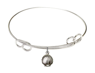 7 1/2 inch Round Double Loop Rhodium Bangle Bracelet with a Sterling Silver Shell charm.