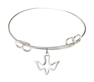 7 1/2 inch Round Double Loop Rhodium Bangle Bracelet with a Sterling Silver Holy Spirit charm.