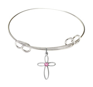 7 1/2 inch Round Double Loop Rhodium Bangle Bracelet with a Sterling Silver Loop Cross charm.
