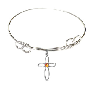 7 1/2 inch Round Double Loop Rhodium Bangle Bracelet with a Sterling Silver Loop Cross charm.