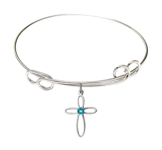 7 1/2 inch Round Double Loop Rhodium Bangle Bracelet with a Sterling Silver Loop Cross charm.