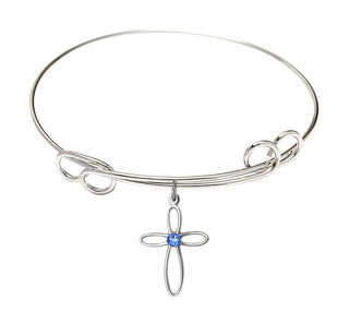 7 1/2 inch Round Double Loop Rhodium Bangle Bracelet with a Sterling Silver Loop Cross charm.