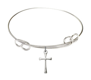7 1/2 inch Round Double Loop Rhodium Bangle Bracelet with a Sterling Silver Maltese Cross charm.