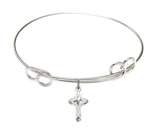 7 1/2 inch Round Double Loop Rhodium Bangle Bracelet with a Sterling Silver Cross charm.