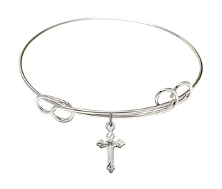 7 1/2 inch Round Double Loop Rhodium Bangle Bracelet with a Sterling Silver Cross charm.