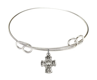 7 1/2 inch Round Double Loop Rhodium Bangle Bracelet with a Sterling Silver 5-Way charm.