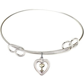 7 1/2 inch Round Double Loop Rhodium Bangle Bracelet with a Two-Tone SS/GF Heart / Chalice charm.