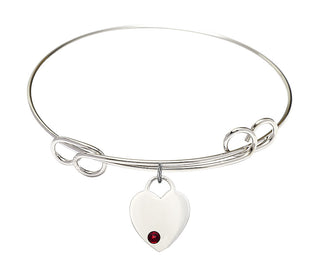 7 1/2 inch Round Double Loop Rhodium Bangle Bracelet with a Sterling Silver Heart charm. Engraved Catholic Saint Jewelry