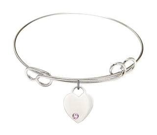 7 1/2 inch Round Double Loop Rhodium Bangle Bracelet with a Sterling Silver Heart charm. Engraved Catholic Saint Jewelry