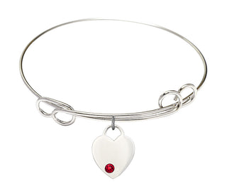 7 1/2 inch Round Double Loop Rhodium Bangle Bracelet with a Sterling Silver Heart charm. Engraved Catholic Saint Jewelry