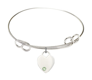 7 1/2 inch Round Double Loop Rhodium Bangle Bracelet with a Sterling Silver Heart charm. Engraved Catholic Saint Jewelry
