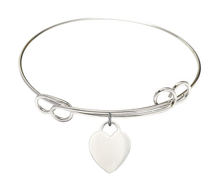 7 1/2 inch Round Double Loop Rhodium Bangle Bracelet with a Sterling Silver Heart charm. Engraved Catholic Saint Jewelry