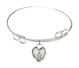 7 1/2 inch Round Double Loop Rhodium Bangle Bracelet with a Sterling Silver Miraculous Heart charm. Engraved Catholic Saint Jewelry