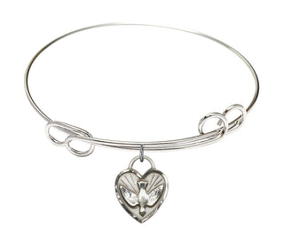 7 1/2 inch Round Double Loop Rhodium Bangle Bracelet with a Sterling Silver Confirmation Heart charm. Engraved Catholic Saint Jewelry