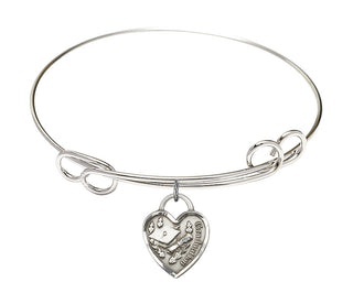 7 1/2 inch Round Double Loop Rhodium Bangle Bracelet with a Sterling Silver Graduation Heart charm. Engraved Catholic Saint Jewelry