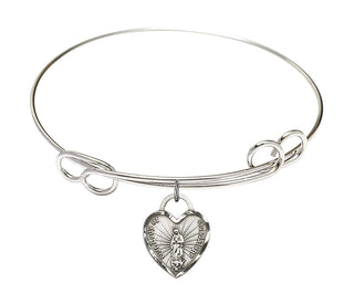 7 1/2 inch Round Double Loop Rhodium Bangle Bracelet with a Sterling Silver Our Lady of Guadalupe Heart charm.